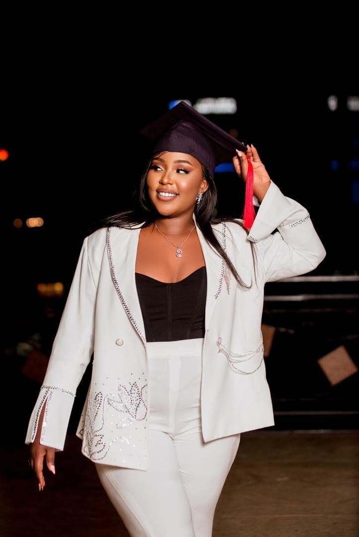 Graduation celebration glam in a white blazer